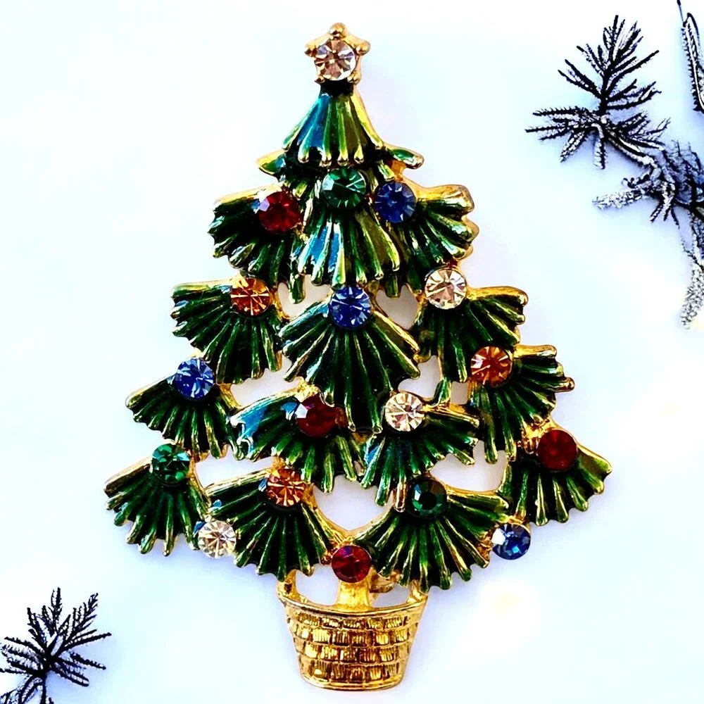 EISENBERG ICE Vintage Christmas Tree Brooch Green Enamel & Rhinestones Signed